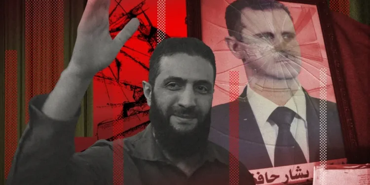 Presiden Suriah Ahmad Al-Sharaa dengan foto Bashar al-Assad yang hancur di belakangnya.